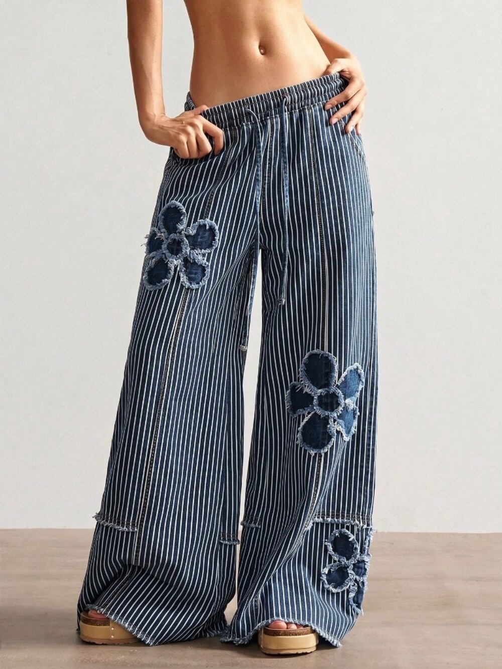 Blue And White Casual Women's Woven Denim Polka Dot Loose Wide Leg Long Pants - Picture 8 of 8
